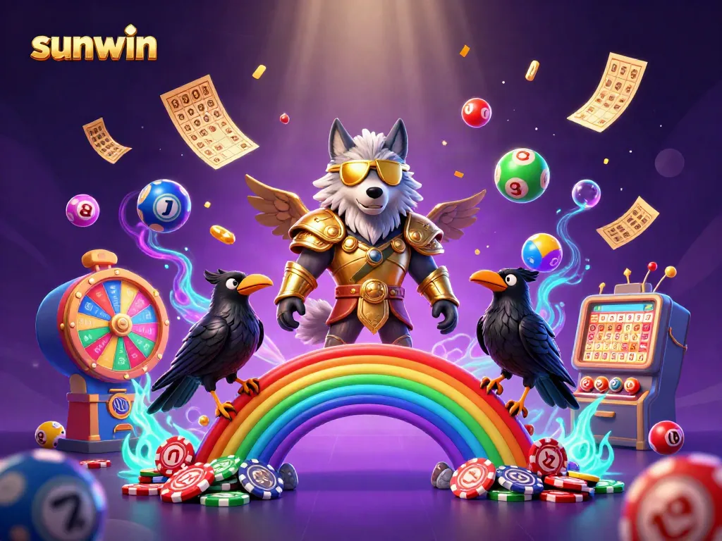 Immerse in the dynamic gaming world as sunwin's characters celebrate with vibrant lottery balls and casino tokens.