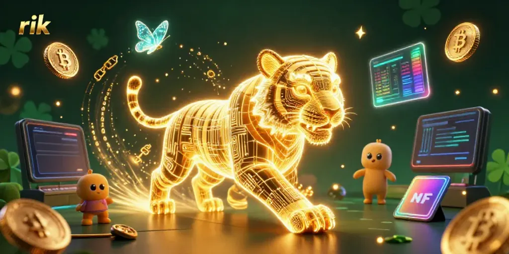Prowl for winnings at Rik casino with a neon tiger and holographic elements highlighting crypto excitement.