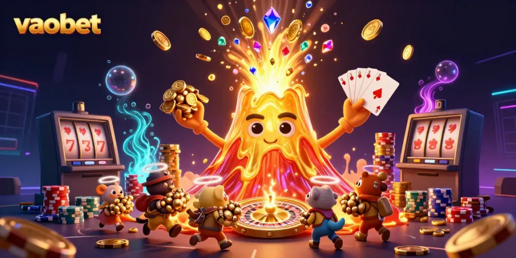 Experience the thrill of vaobet's live casino with a dynamic illustration of a golden volcano erupting treasures.