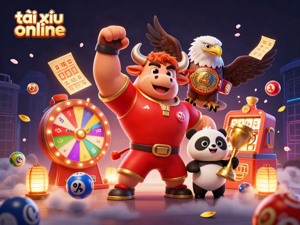 Experience excitement in tài xỉu online with a vibrant 3D casino scene showcasing a bull mascot, eagle, and panda.