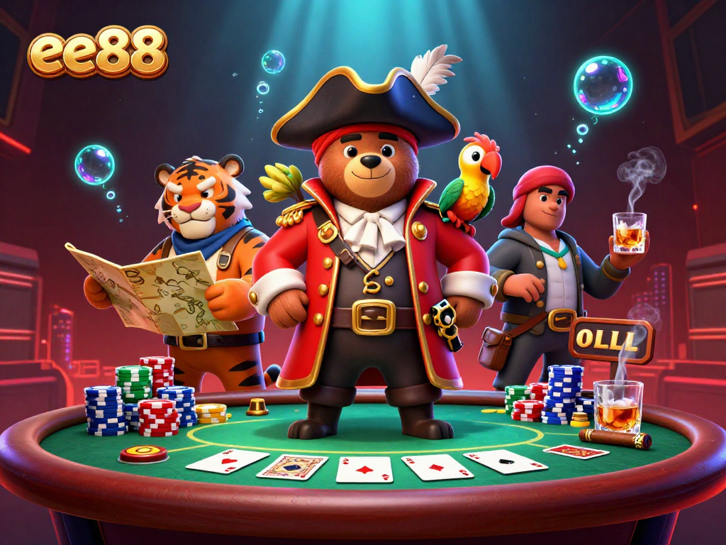 Engage with ee88's thrilling poker scene in a vibrant 3D cartoon adventure.