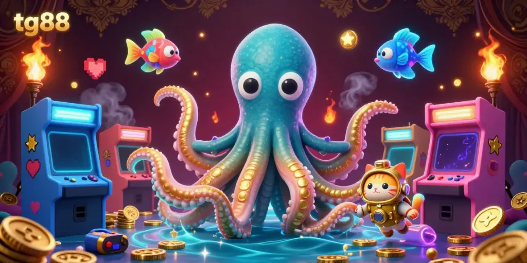Engage with TG88's thrilling 3D casino adventure featuring a kraken, vintage diving cat, and colorful game machines.