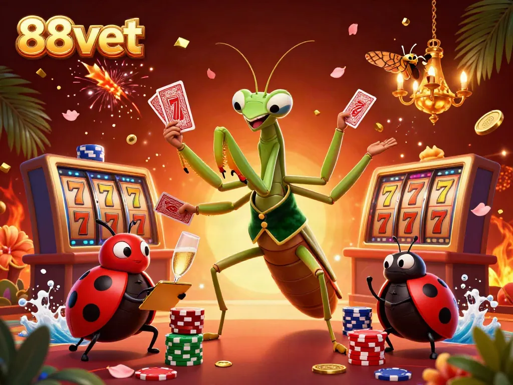 Experience the excitement of 88vbet with a lively casino scene featuring a giant praying mantis dealer and colorful game elements.