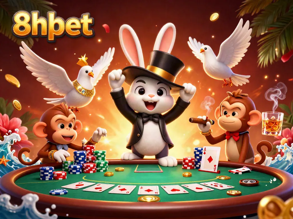 Engaging scene of 8xbet, a cartoon magician rabbit pulls coins from his hat amidst poker chips and cards.