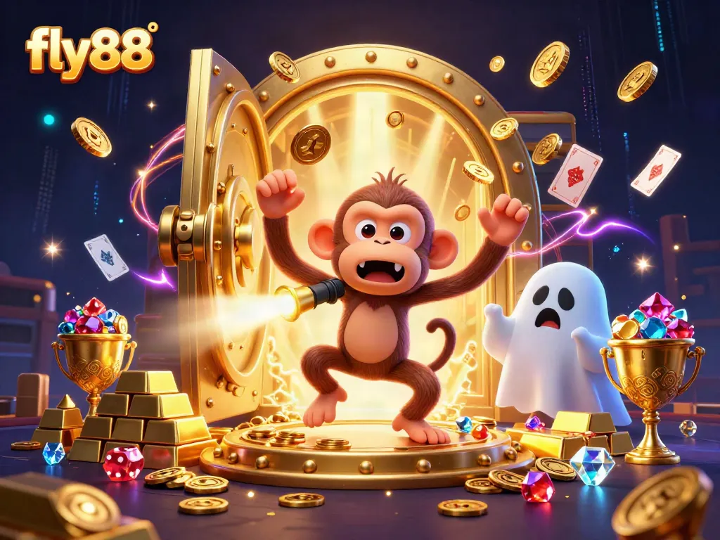 Experience the exciting world of fly88 with a playful poltergeist and a curious puppy at a haunted casino.