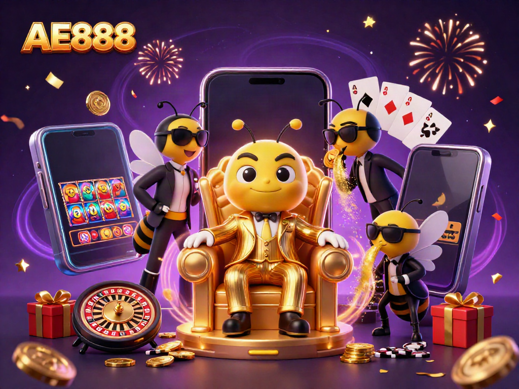 Experience the dynamic energy of AE888’s casino world with a vibrant 3D illustration.