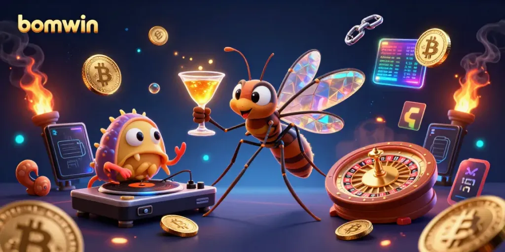 Join the pulsating world of bomwin, featuring a lively casino scene with a frozen mosquito mascot and vibrant elements.