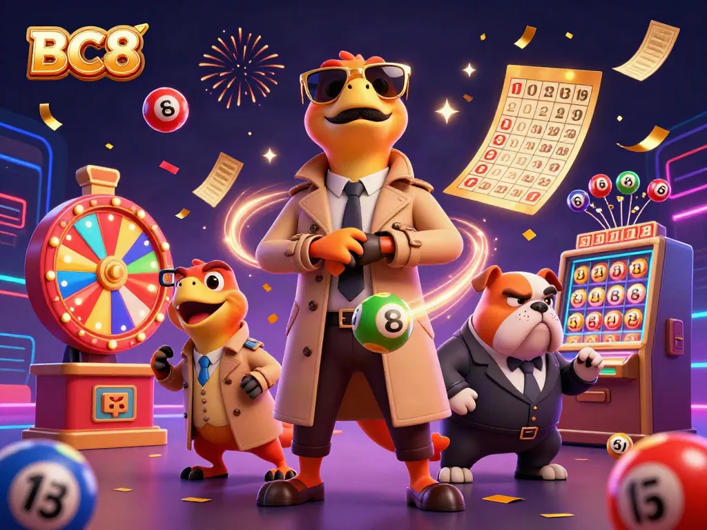 Engage with thrilling gameplay at BC8 with cartoon raptors entering a casino lounge amid vibrant lottery elements.