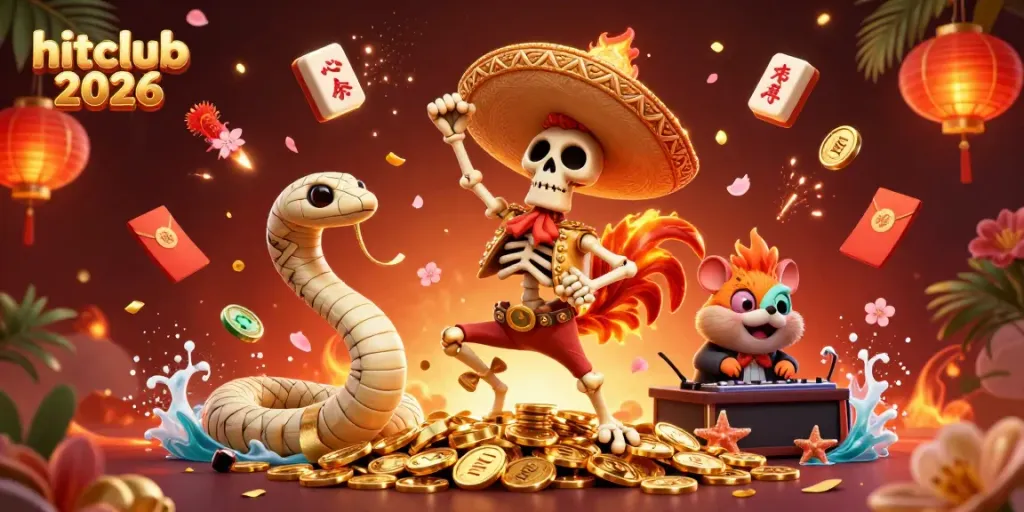 Experience hitclub 2026 with vibrant 3D characters celebrating around golden coins.