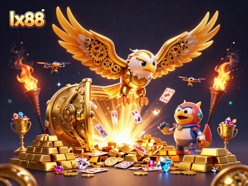 Engage with lx88's thrilling casino experience featuring dynamic 3D golden eagle among holographic cards.