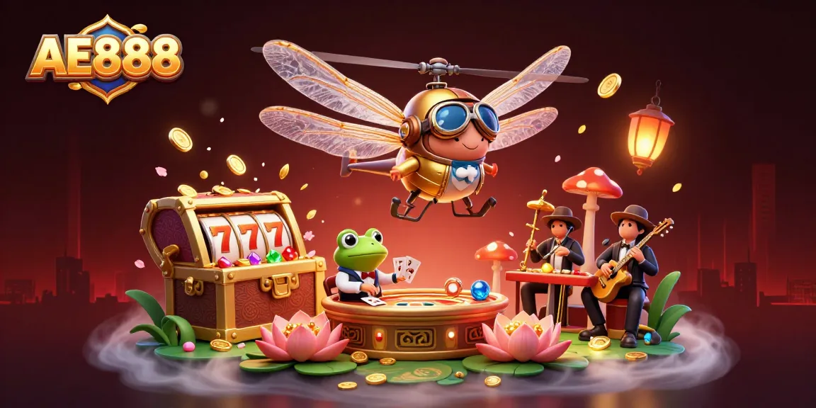 Engage with AE888's vibrant casino scene featuring a dragonfly pilot and frog croupier.