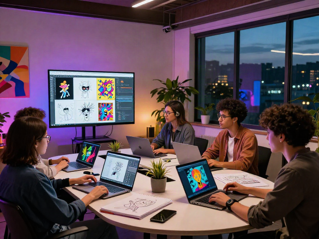NSFW digital art studio scene with designers collaborating on innovative project.