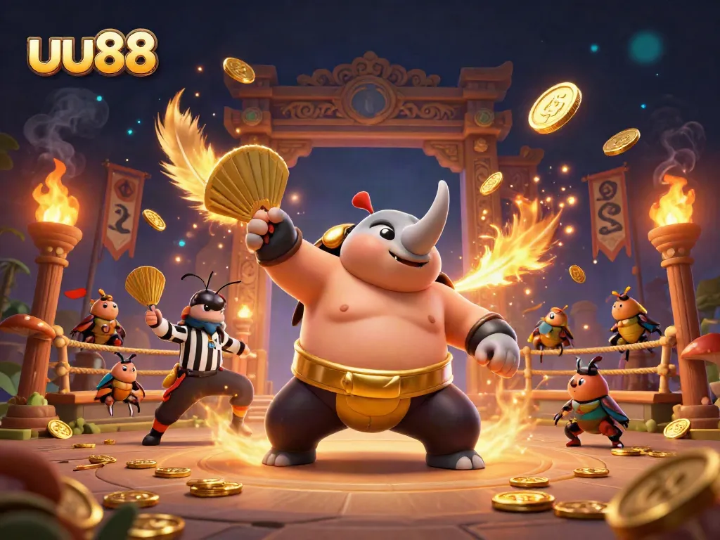uu88 enticing scene with a sumo champion beetle sending flying coins in a dynamic online casino setting