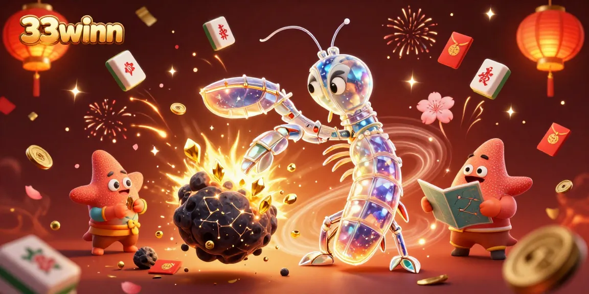 Engage with the vibrant 33winn universe, where a galactic mantis shrimp and starfish explore a cosmic casino bursting with treasure.