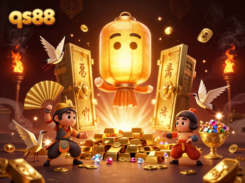 Engage with the vibrant qs88 online casino scene featuring a golden lantern spirit and treasures.