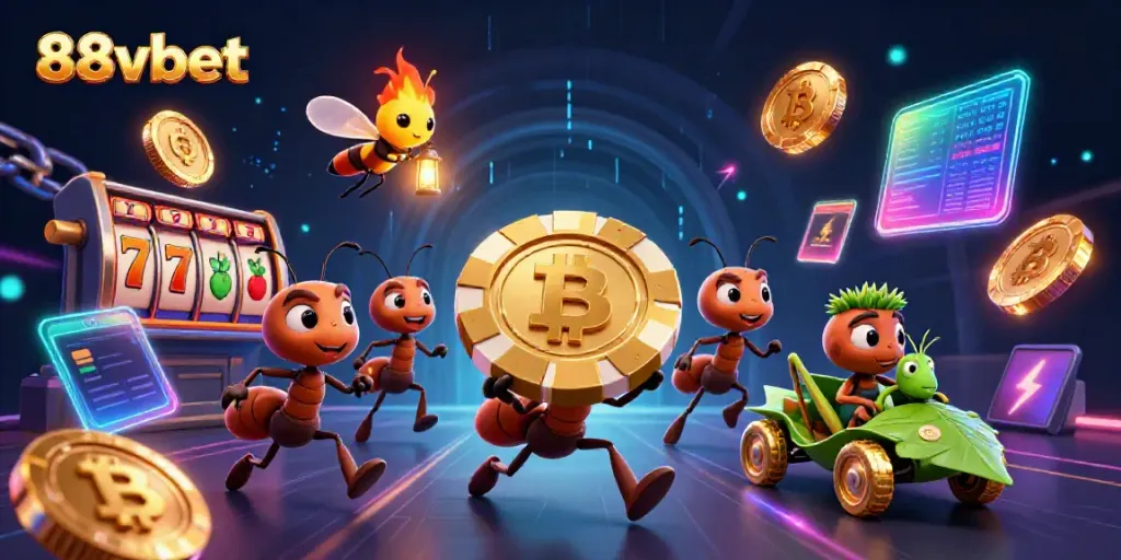 Ants heisting a giant poker chip while surrounded by 88vbet-themed casino elements and crypto coins.