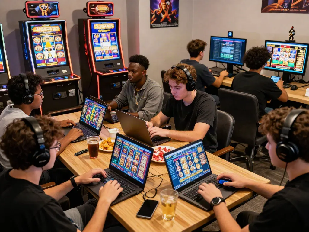 Players engaging with koitoto online slot games on their devices in a vibrant gaming environment.