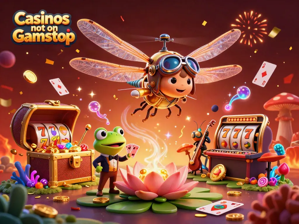 Experience fun at Casinos not on Gamstop with a lively dragonfly pilot and a frog croupier!