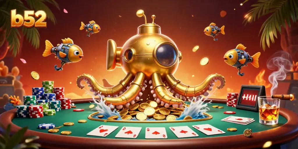 Engage in thrilling b52 gaming with a colorful 3D kraken amidst poker tables and coins.