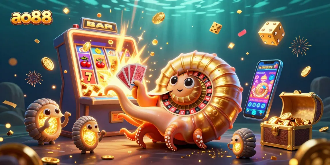 Experience the excitement of ao88 with a captivating illustration of a giant nautilus roulette wheel and dynamic casino elements.
