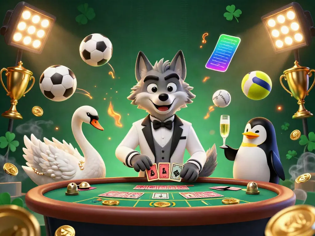 SUNWIN features an engaging scene with a debonair wolf, elegant swan, and sophisticated penguin in a dynamic baccarat setting.