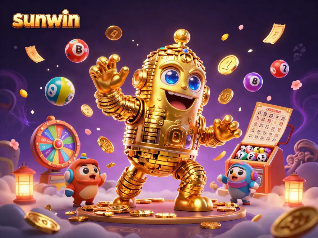 Engage with sunwin's exciting world of gaming featuring a dynamic golden golem, lottery elements, and vibrant prizes.