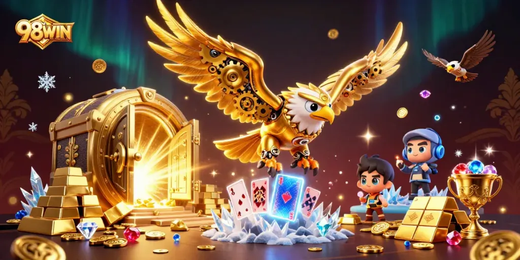 Experience thrilling gameplay with 98WIN as the cybernetic eagle swoops through a treasure-filled casino.