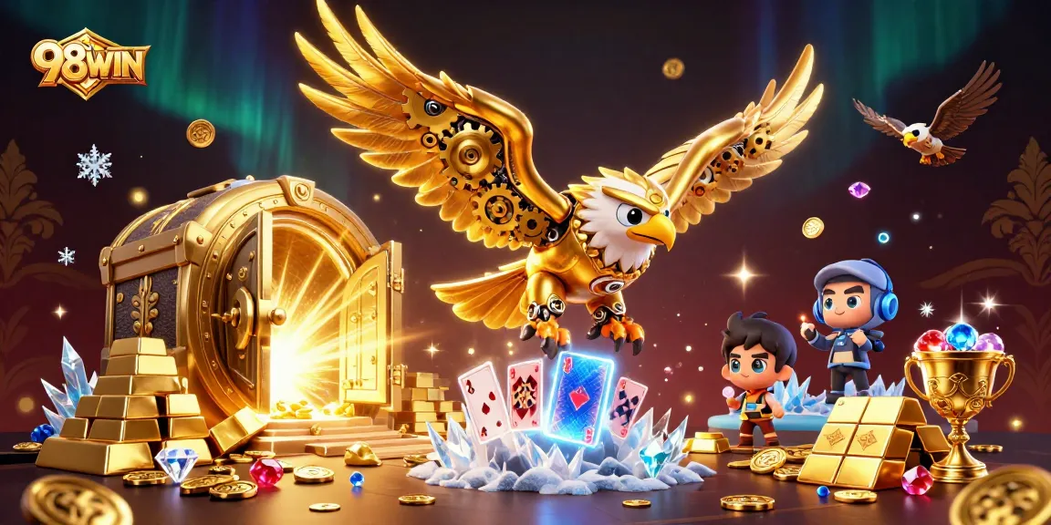 Experience thrilling gameplay with 98WIN as the cybernetic eagle swoops through a treasure-filled casino.