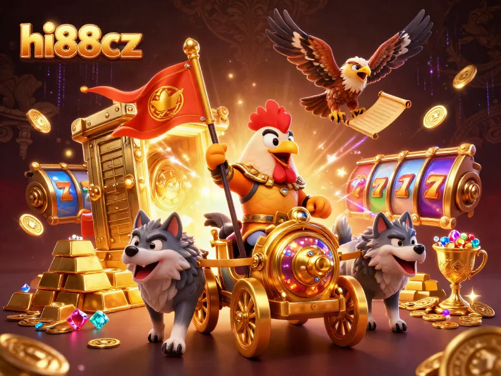 Experience the excitement of hi88cz casino with a dynamic battle scene featuring a rooster warlord and treasures.