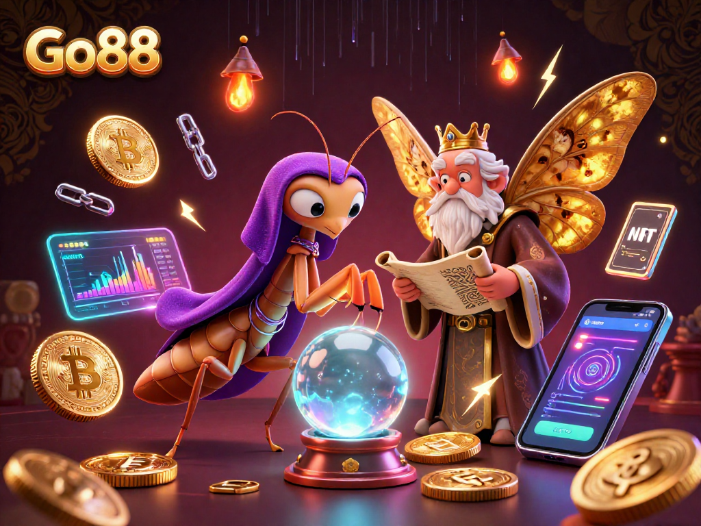 Experience the magic of Go88's gambling world with a dynamic, enchanting 3D scene featuring mystical fortune tellers and digital gaming elements.