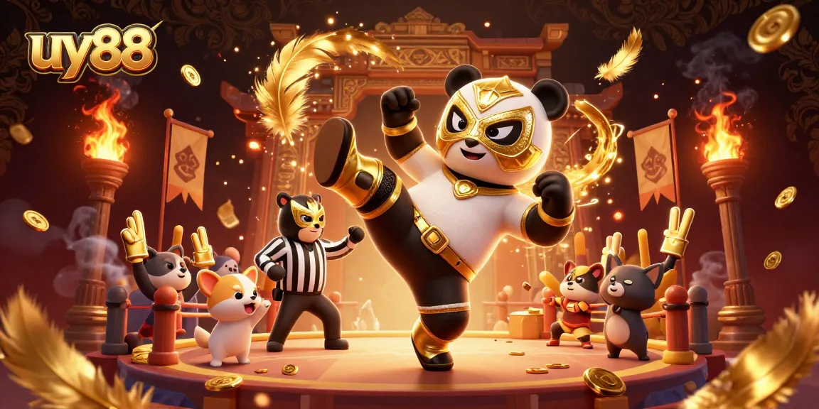 Experience thrilling action at uy88 with a panda wrestler kicking alongside cheering animals in a vibrant casino arena.