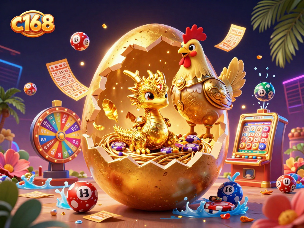 Experience the thrilling world of c168 with golden tickets, bouncing lottery balls, and a vibrant casino atmosphere.