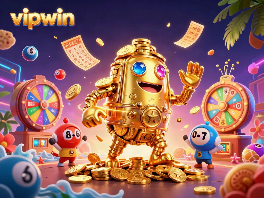 Experience the thrilling world of vipwin with dynamic golem and colorful lottery elements creating excitement.