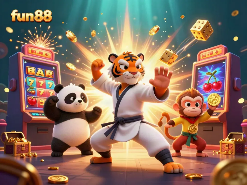 Experience fun 88 excitement with a vibrant casino illustration showcasing games, characters, and dynamic visuals.