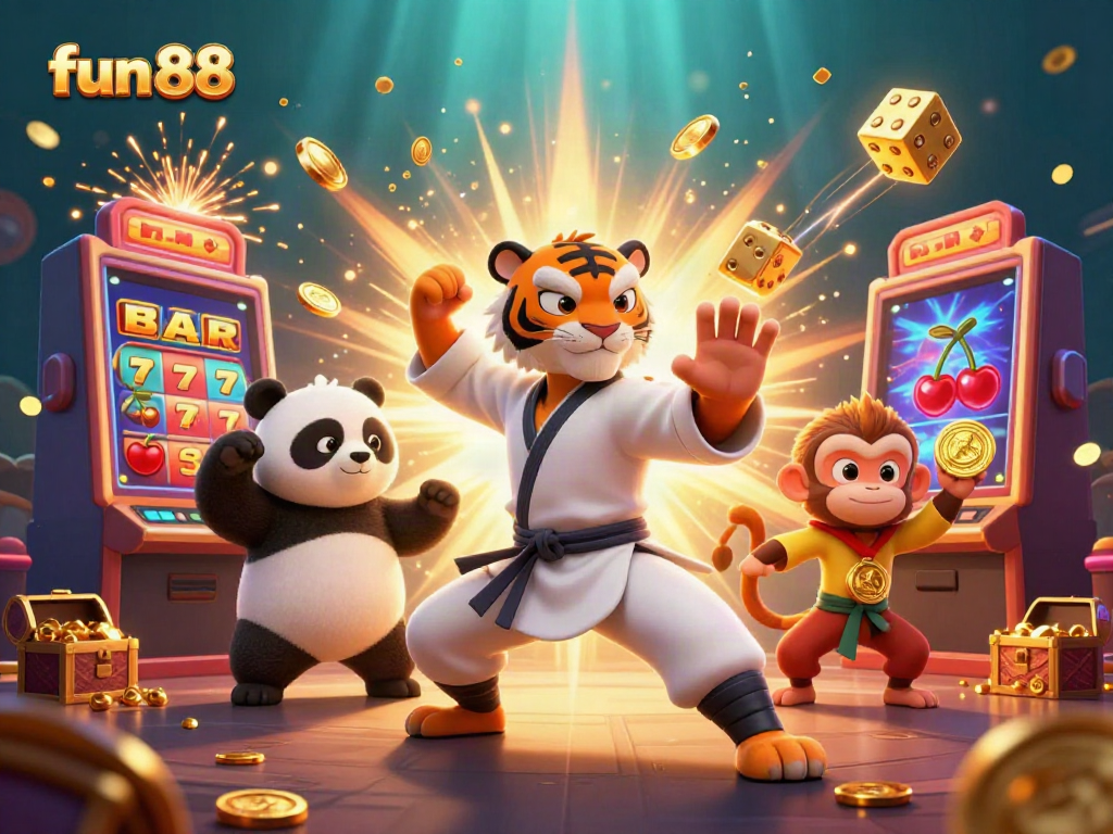 Experience fun 88 excitement with a vibrant casino illustration showcasing games, characters, and dynamic visuals.