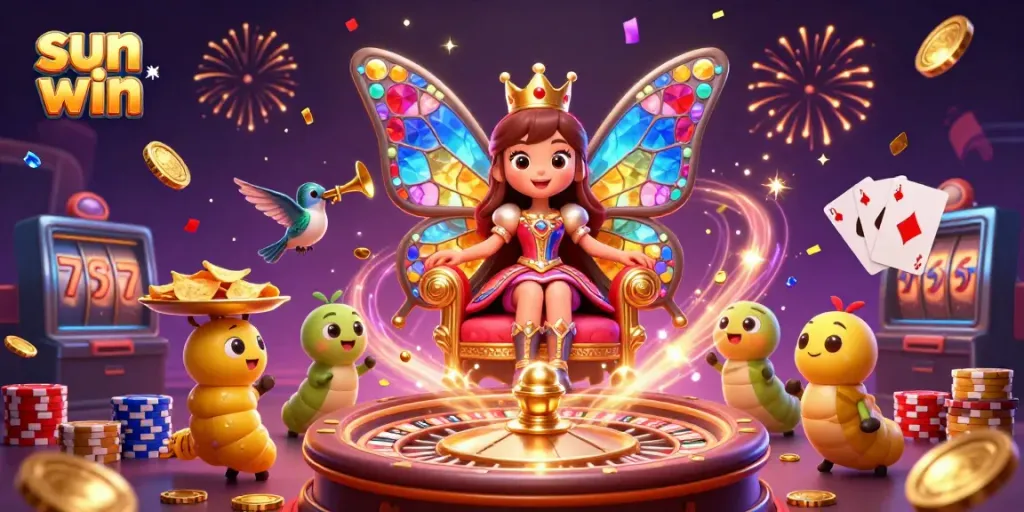 Experience the excitement of sun win with a vibrant casino illustration featuring a butterfly queen and dazzling game elements.