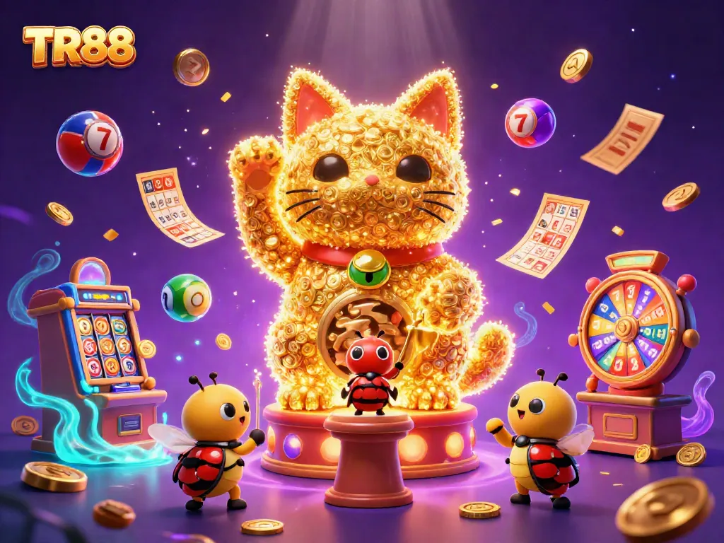 Get lucky with TR88 in an immersive casino scene showcasing dynamic slot symbols and vibrant game elements.
