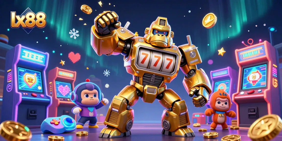 LX88 features a vibrant golden gorilla mech engaging players with exciting casino action and rewards.