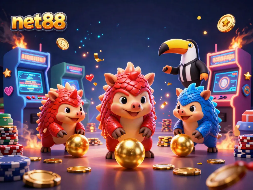 Experience net88’s thrilling casino game with vibrant pangolins and poker chips amidst dynamic arcade action.