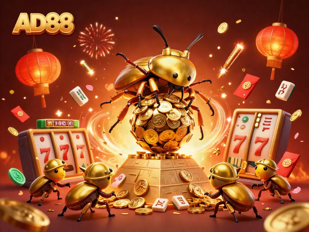 Engage with the AD88 gaming experience as cartoon beetles celebrate winning strategies in a golden casino.