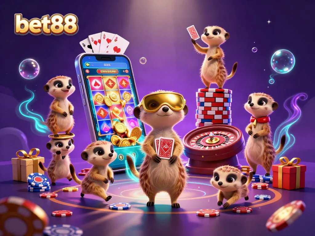 Experience thrilling gameplay at bet88 with adorable meerkats leading an exciting casino scene.