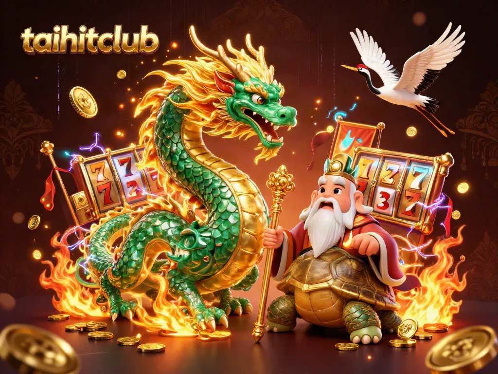 Experience the thrill at taihitclub with an emerald dragon, golden fire, and dynamic casino elements.