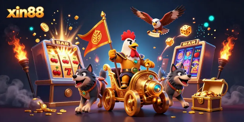 Engage with the vibrant xin88 casino world featuring a rooster warlord and jackpot symbols!