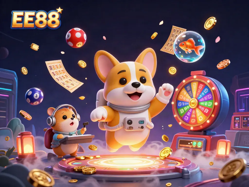 EE88 casino scene with a corgi astronaut, floating lottery balls, and vibrant gaming elements.