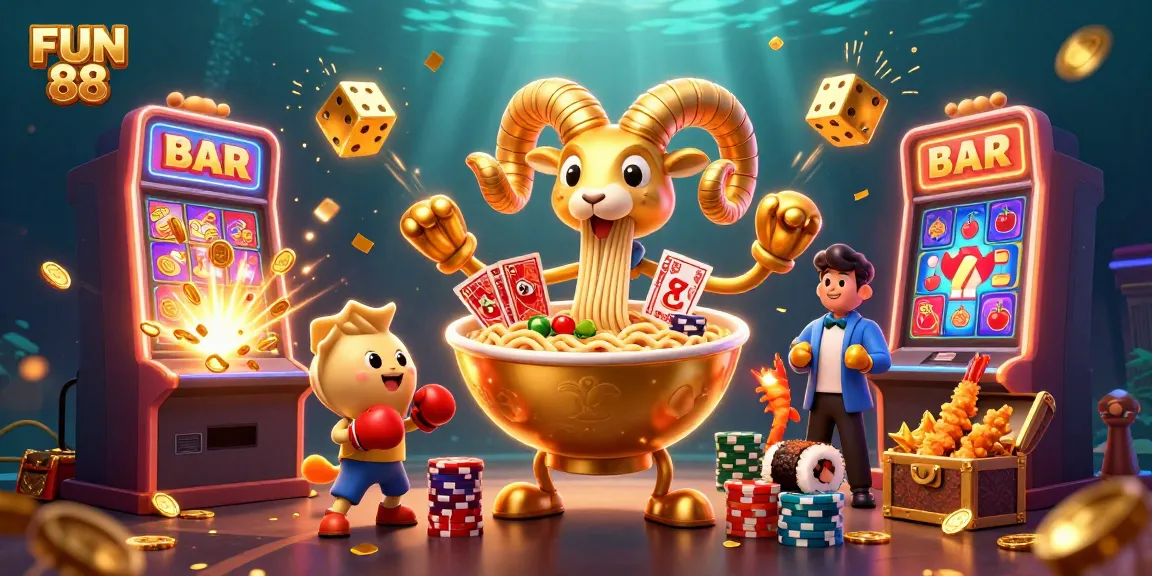 Engage with FUN 88 as the golden ramen bowl dealer spreads excitement in a vibrant casino atmosphere.