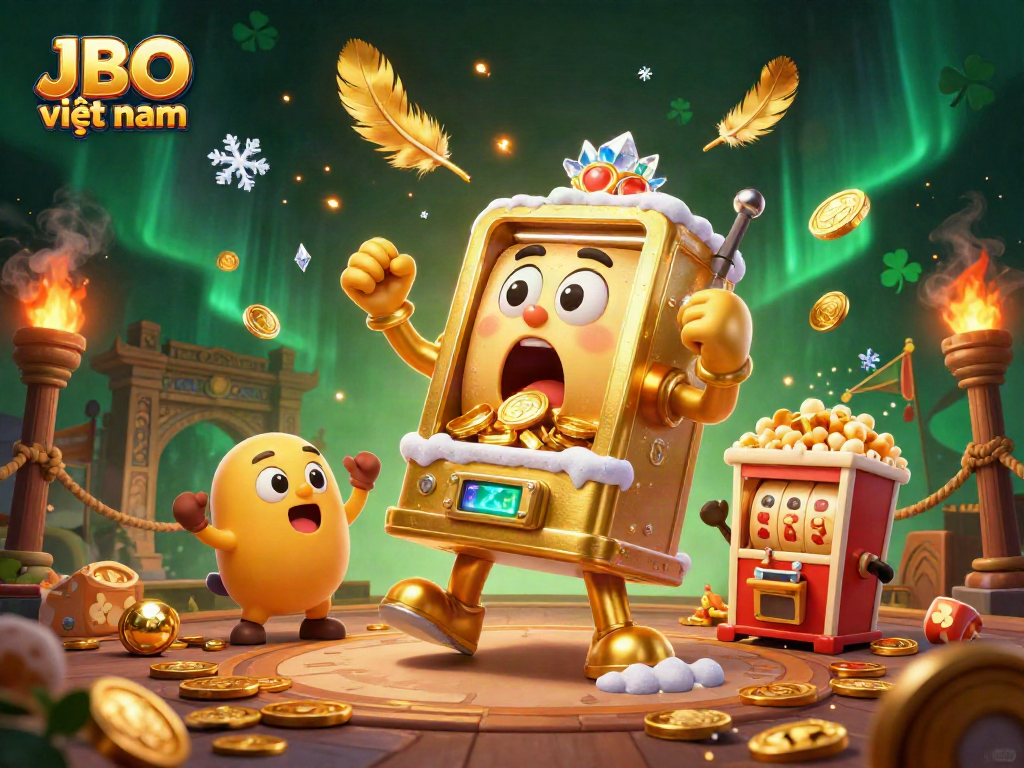 Experience excitement with JBO việt nam as the golden slot machine celebrates a jackpot in a vibrant casino scene.