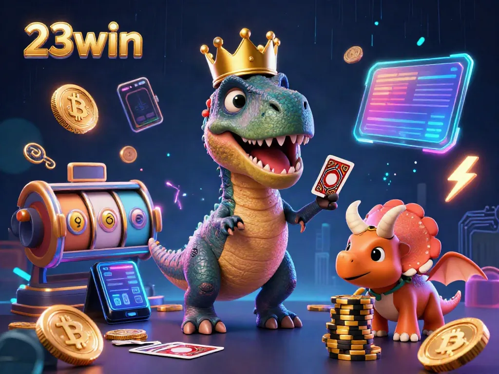 Engage with immersive gambling action in 23win's vibrant 3D casino scene featuring characters and crypto elements.