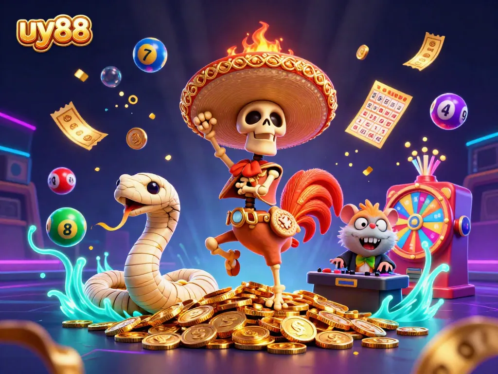 Join the excitement with uy88 as a mariachi rooster, mummy snake, and zombie DJ celebrate casino wins!