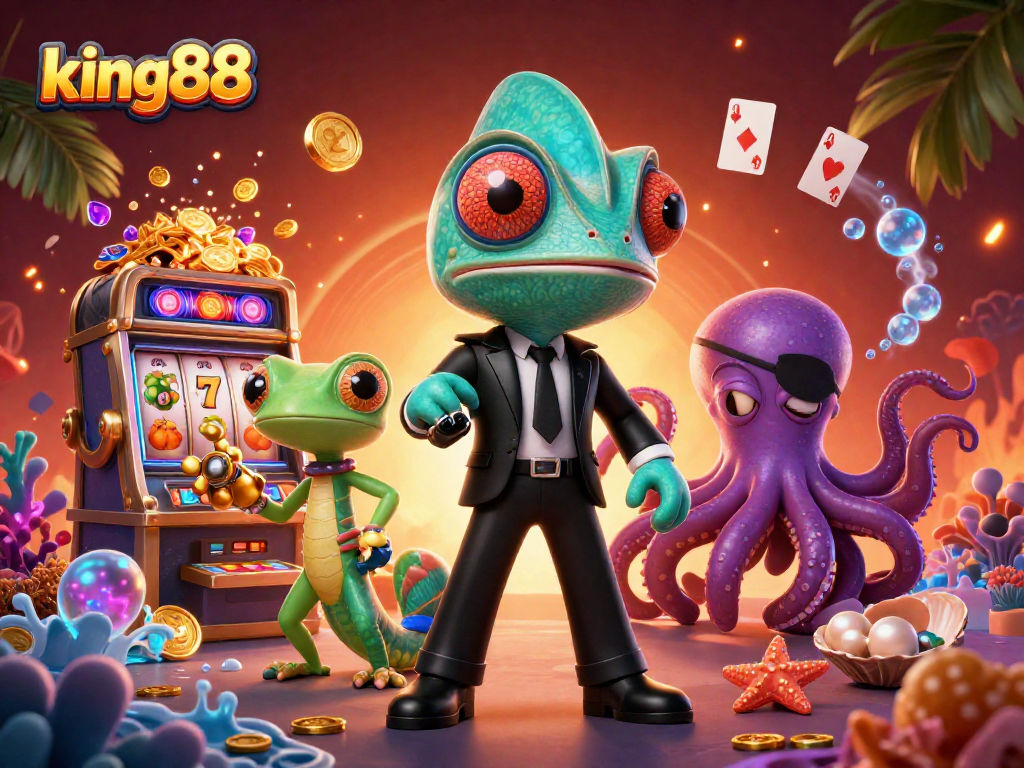 Experience the vibrant world of king88 with this dynamic casino-themed 3D illustration.