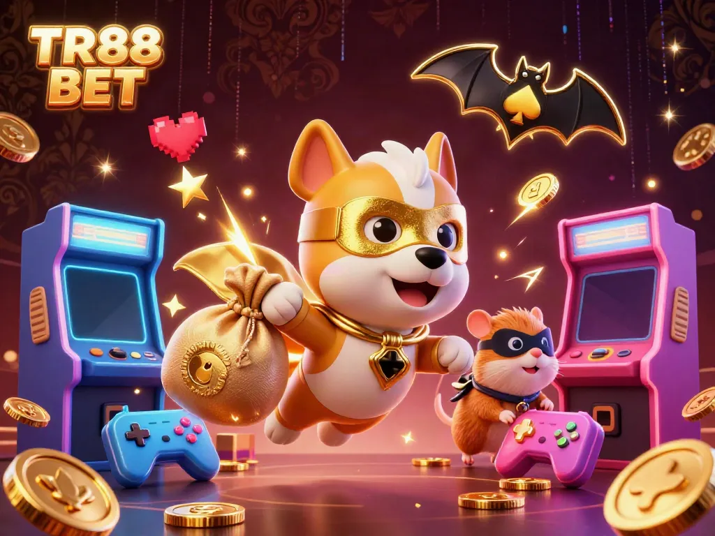 Watch the TR88 BET superhero dog soar with gold coins in a vibrant casino adventure
